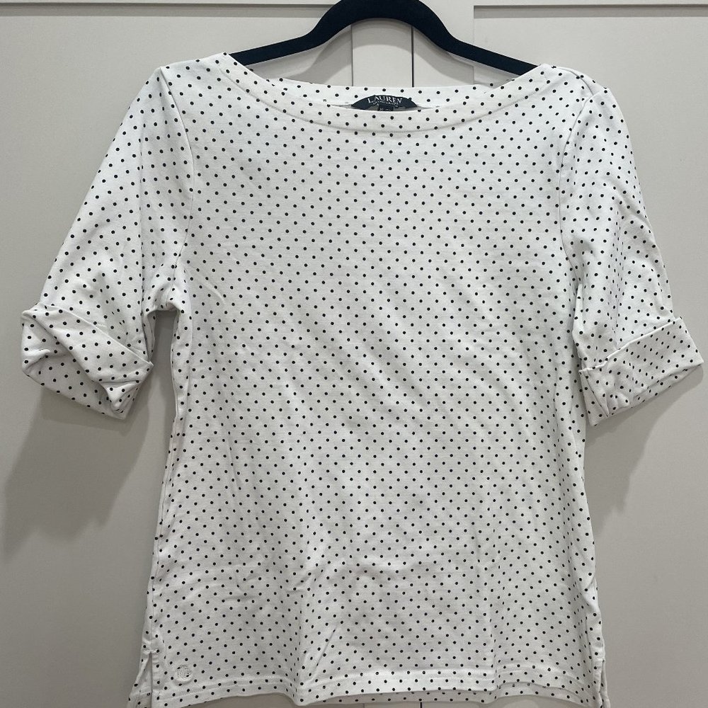 Lauren Ralph Lauren "Winter Cream" Polka-Dot Elbow-Sleeve Top XL
